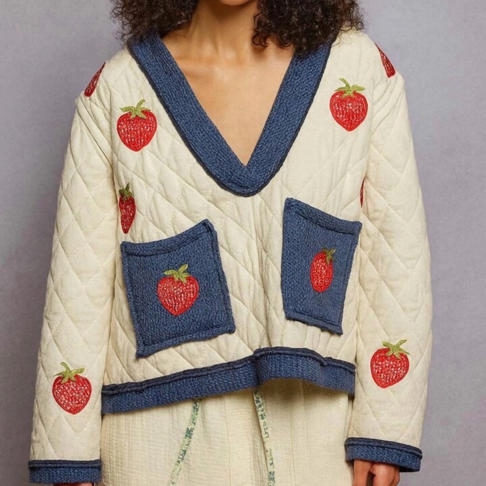 POL Cream Quilted Lightweight Pullover Top with Red Strawberry Embroidery
